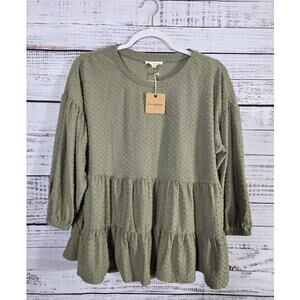 Blu Pepper Olive Green Tiered babydoll peplum long sleeve blouse NWT size Medium